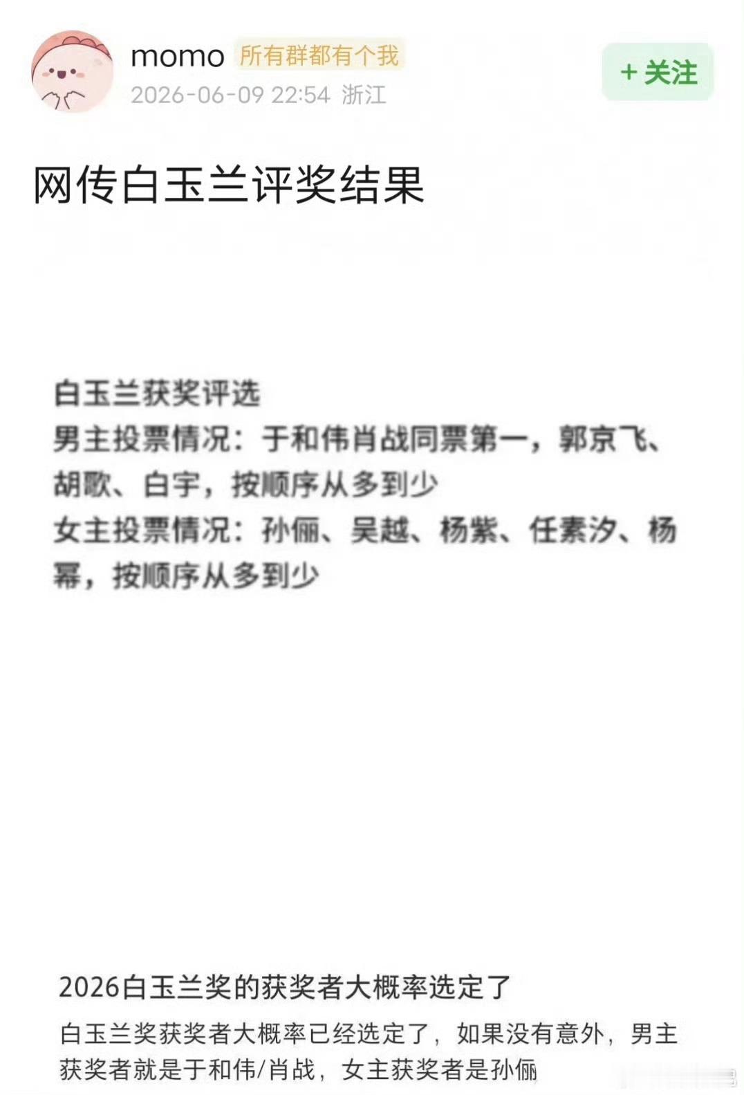 网传白玉兰投票情况，真是司马昭之心
