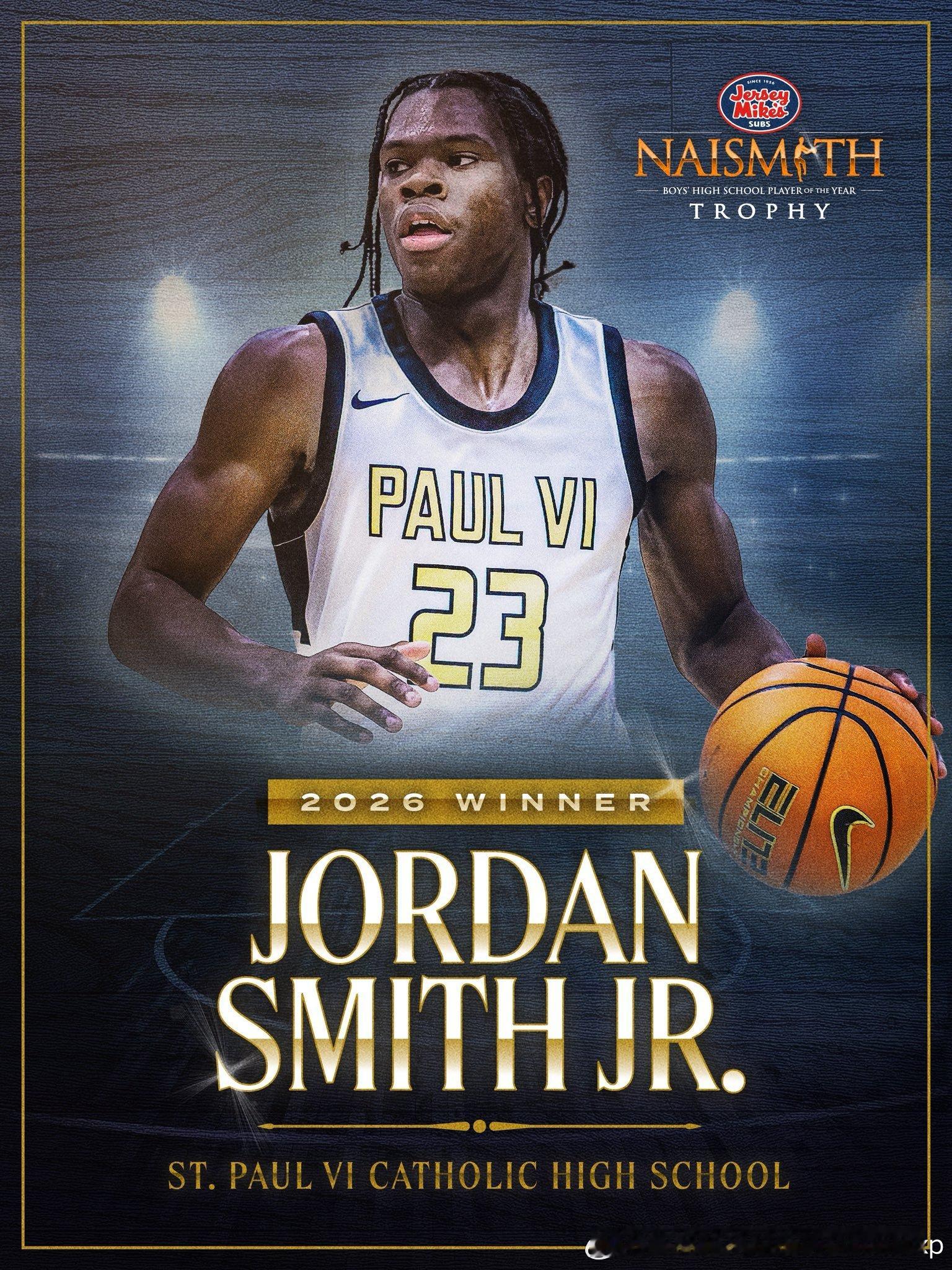 Jordan Smith Jr获得今年的耐史密斯全美最佳高中球员NCAANBA