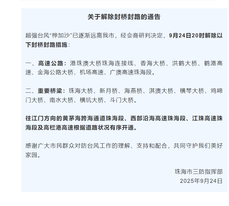 【#珠海解除封桥封路# 】据珠海发布：超强台风“桦加沙”已逐渐远离我市，经会商研