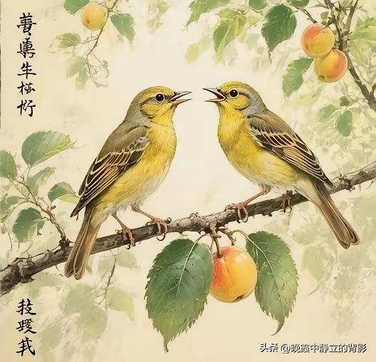 一片绿叶含诗意，
两只黄鹂鸣春情。