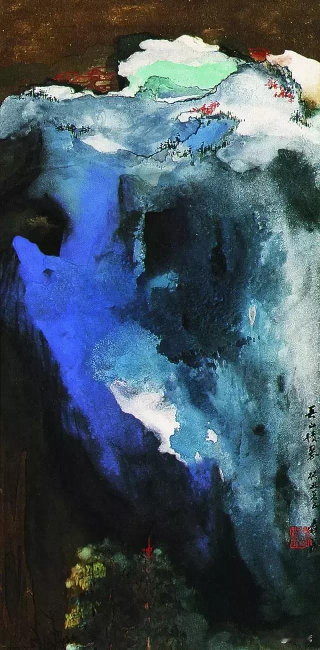 张大千晚年独创泼彩山水画，融合传统泼墨与西方抽象表现主义。
泼彩山水把石青、石绿