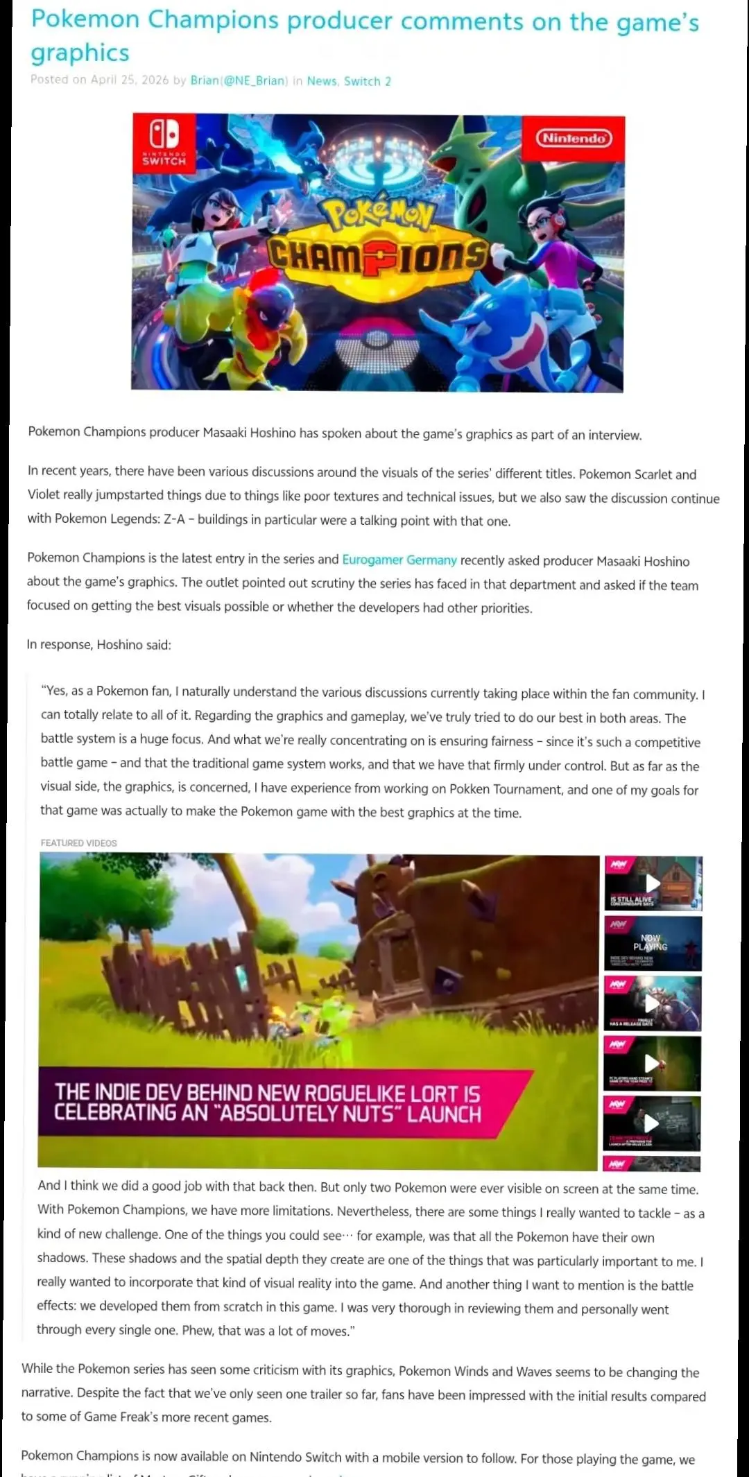 近日，宝可梦冠军制作人星野正昭表示“关于宝可梦冠军的画面和玩法，我们都...