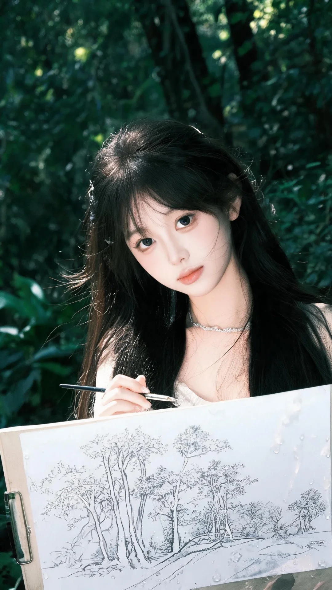 暗绿调原始森林，不对称构图，镜头聚焦前景画板近景（美少女正在执笔，画板...