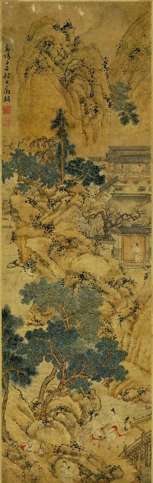 明. 文徵明《山庄客至图》。
明.凌必正《山水图》。
清. 王翚 《溪山红树图》