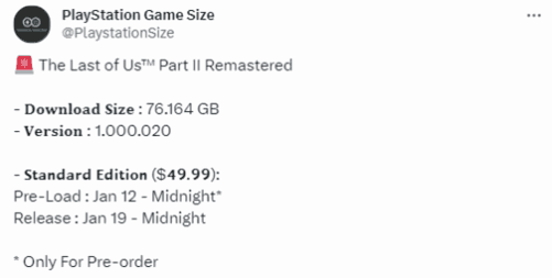 《最后生还者2 复刻版》1月19日发售下载76GB