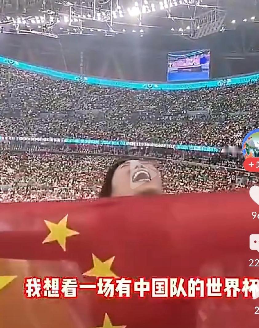说到中国男足，有这么一个女的，在世界杯赛场举着中国国旗大喊，我想看一场有中国队的