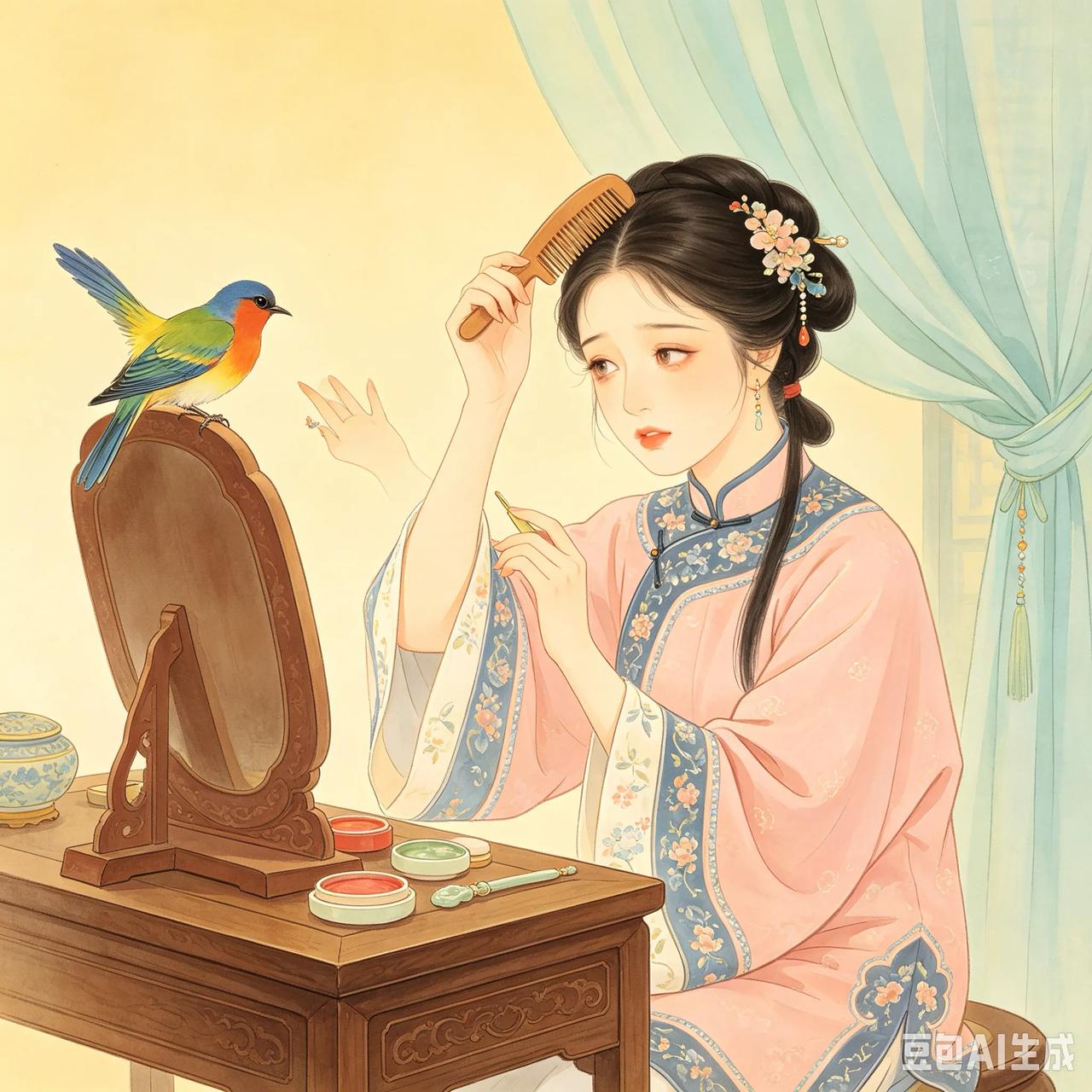 清朝时，松江掌科王先生的姨侄女刚满十五岁，就嫁给了李家。出嫁后一天清晨，一只五彩