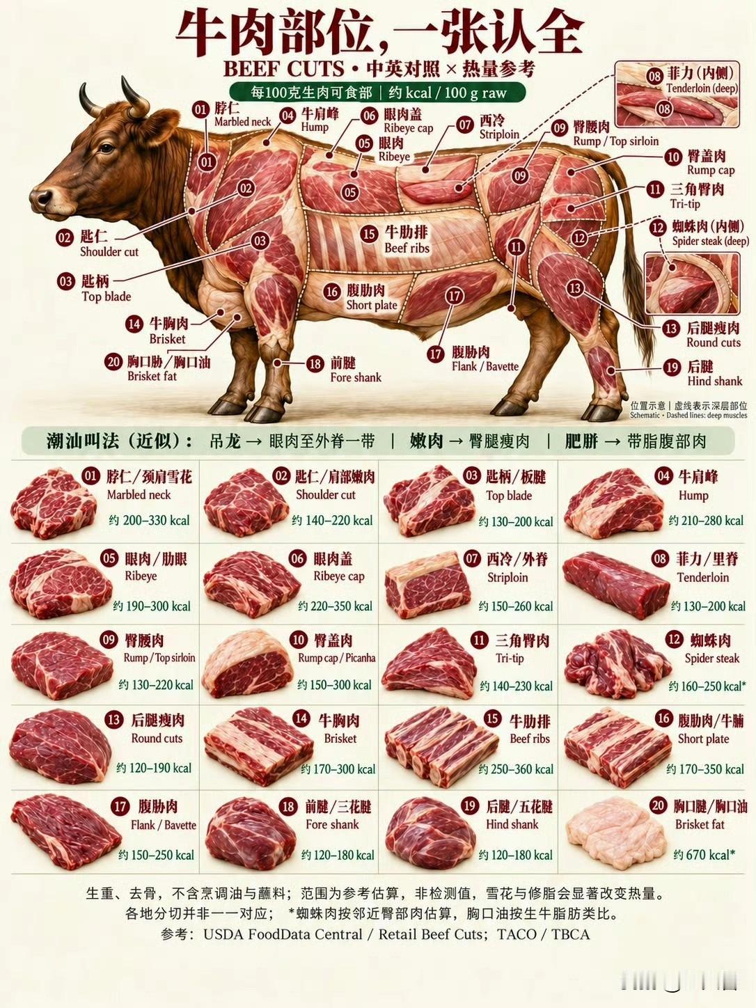 一张图教你认全牛肉的各个部位，大家再买牛肉照着买！
话说你们都喜欢吃牛的哪个部位