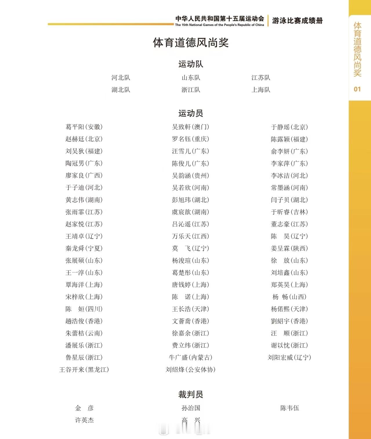 第十五届全运会 游泳🏊♂️项目体育道德风尚奖，恭喜各位！ 