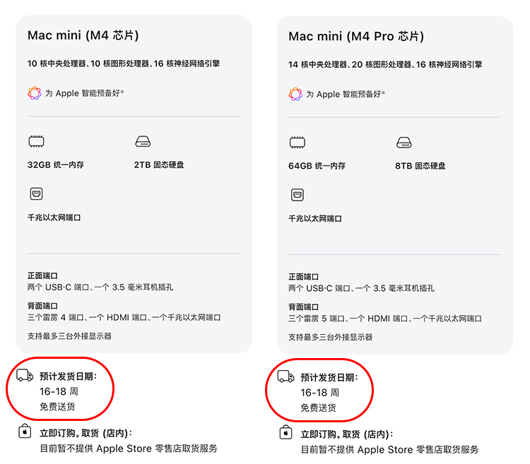 查询了苹果官网，发现大容量内存的Mac mini M4（32GB+2TB）到货时