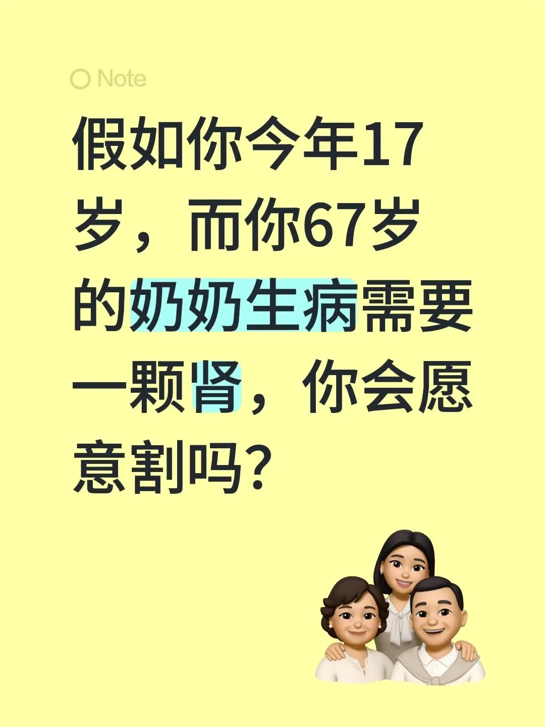 假如你今年17岁，而你67岁的奶奶生病需要一颗肾，你会愿意割吗？