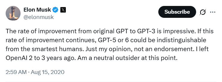 「AI」图为2020年8月15日老马的随贴、感慨：GPT5或者GPT6就能和最聪