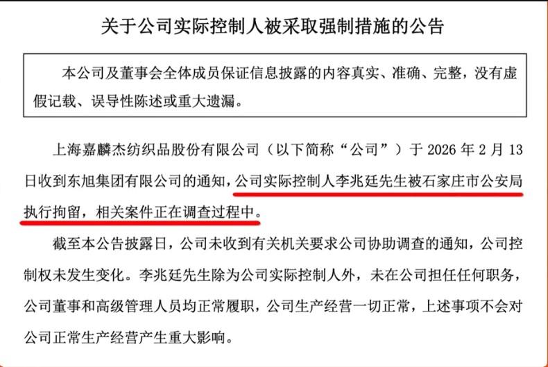2 月 13 日嘉麟杰的一则公告，让 “东旭系” 风波迎来关键转折。这家上市公司