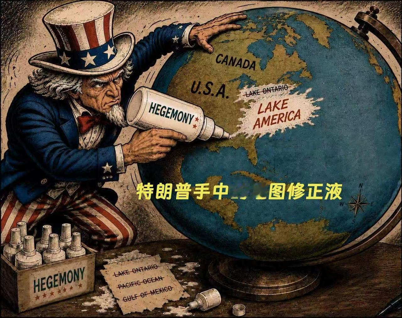 特朗普心目中的地球仪是什么样子的？

山姆大叔可谓修正液上头了？
地图画得比小孩