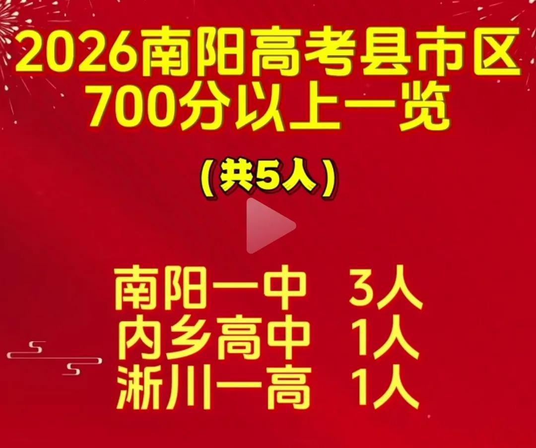 南阳高考700分以上5人，有南阳一中、内乡高中、淅川一高。