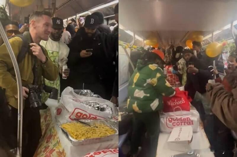【太离谱又太暖！纽约地铁变身感恩节餐厅 乘客上车惊见“满桌大餐”】海外新鲜事 纽