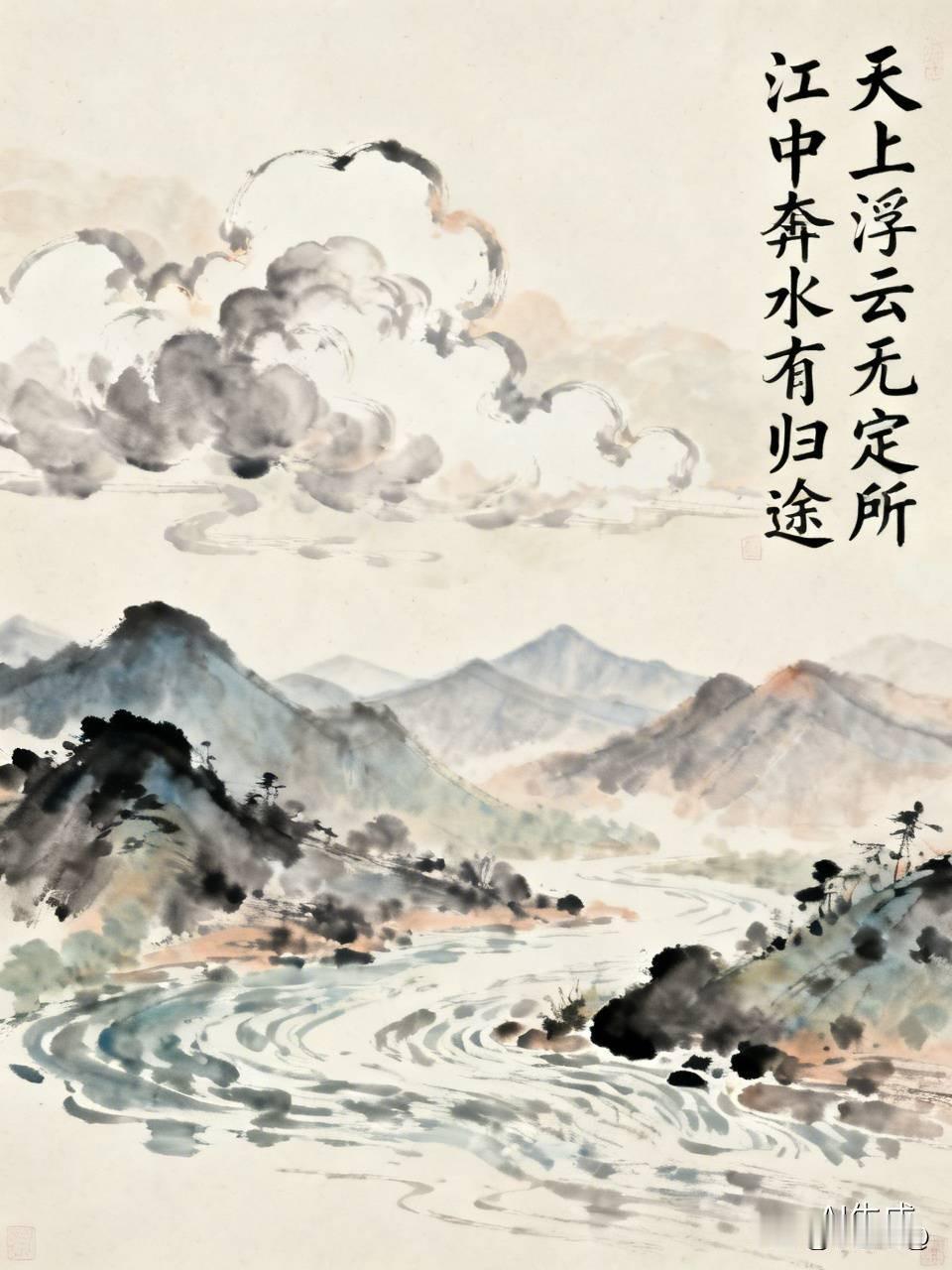 上联：天上浮云无定所，
下联：江中奔水有归途。
