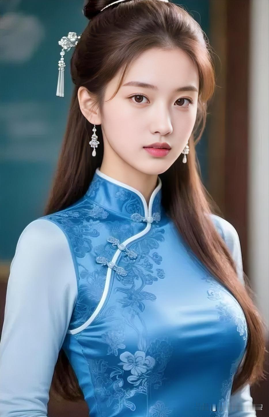 青花釉色，勾勒出一抹婉约的东方韵致。云鬓轻挽，步摇生姿，眸若秋水，流转间尽显古典
