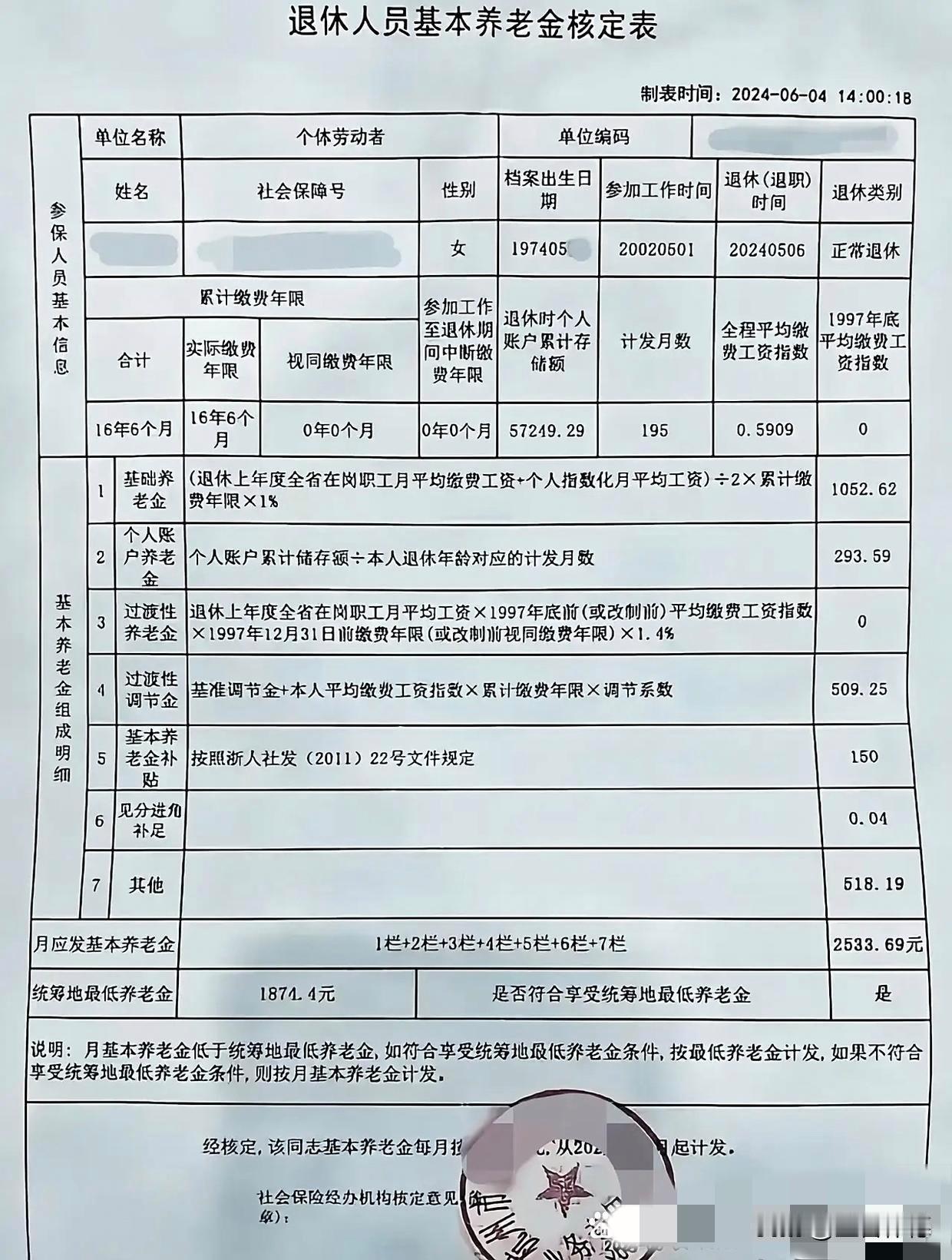 这张来自吉林的养老金预核定表，简直像一份“退休成绩单”，让我们来算算这位姐姐的“