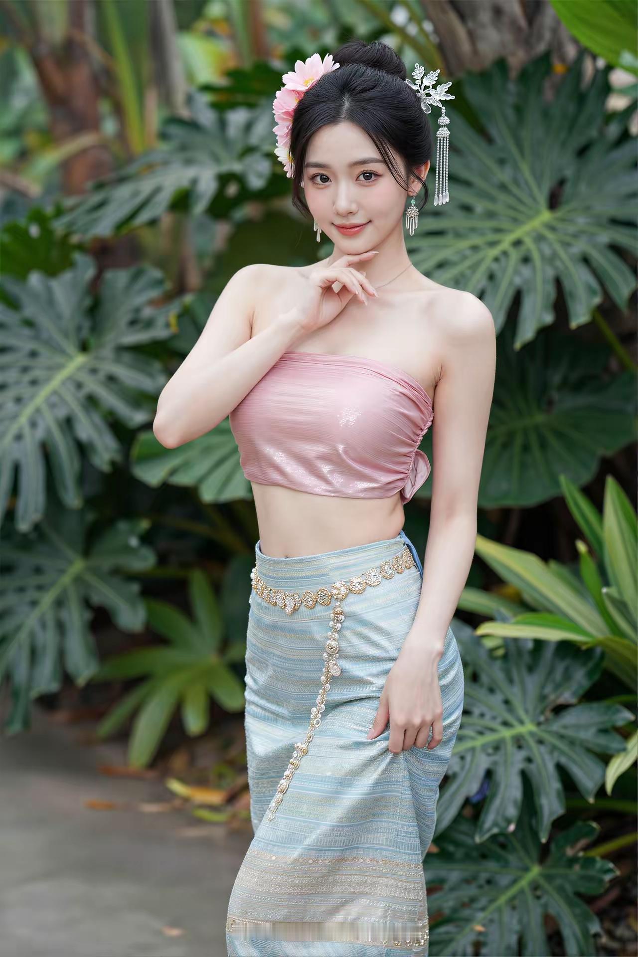 一个美女在热带植物前拍照。