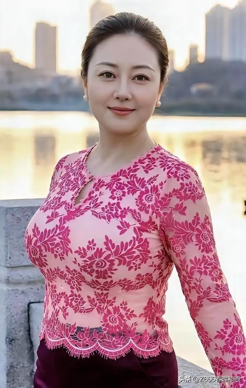 霞染江天，粉蕾凝香，鬓云轻挽，笑意温婉，静立水岸，尽显岁月从容之美。