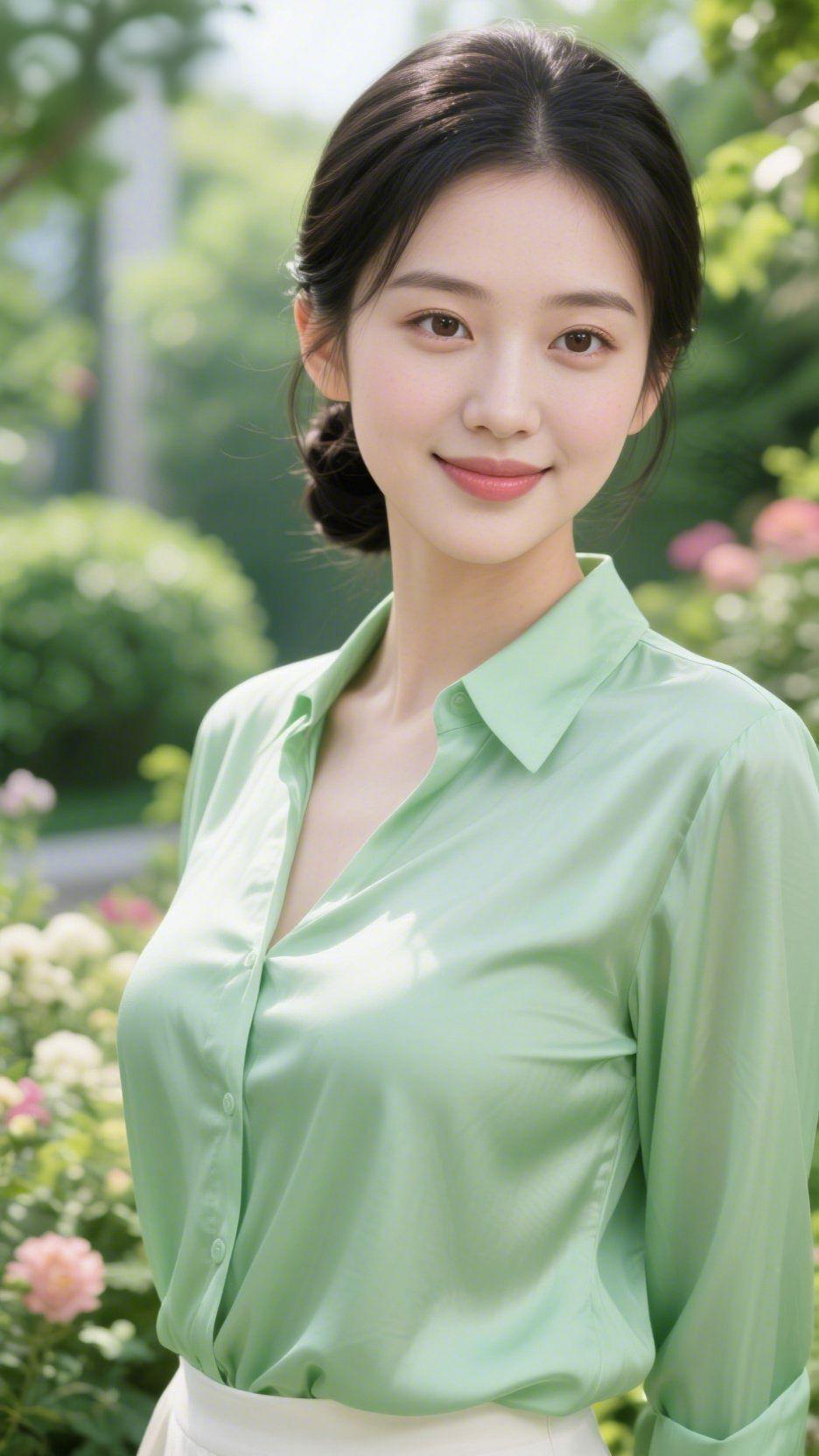 《青衫裹满夏园清》
 
浅绿衬衫裹着柔滑质感，像将夏园里的晨露气息，织进了衣衫的