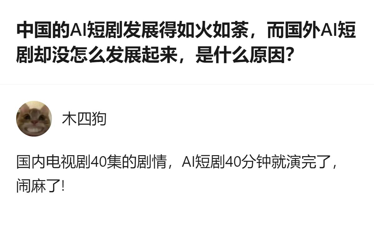 从现有信息看，国内AI短剧发展火热，国外却没怎么发展，有观点认为可能和国外长剧精
