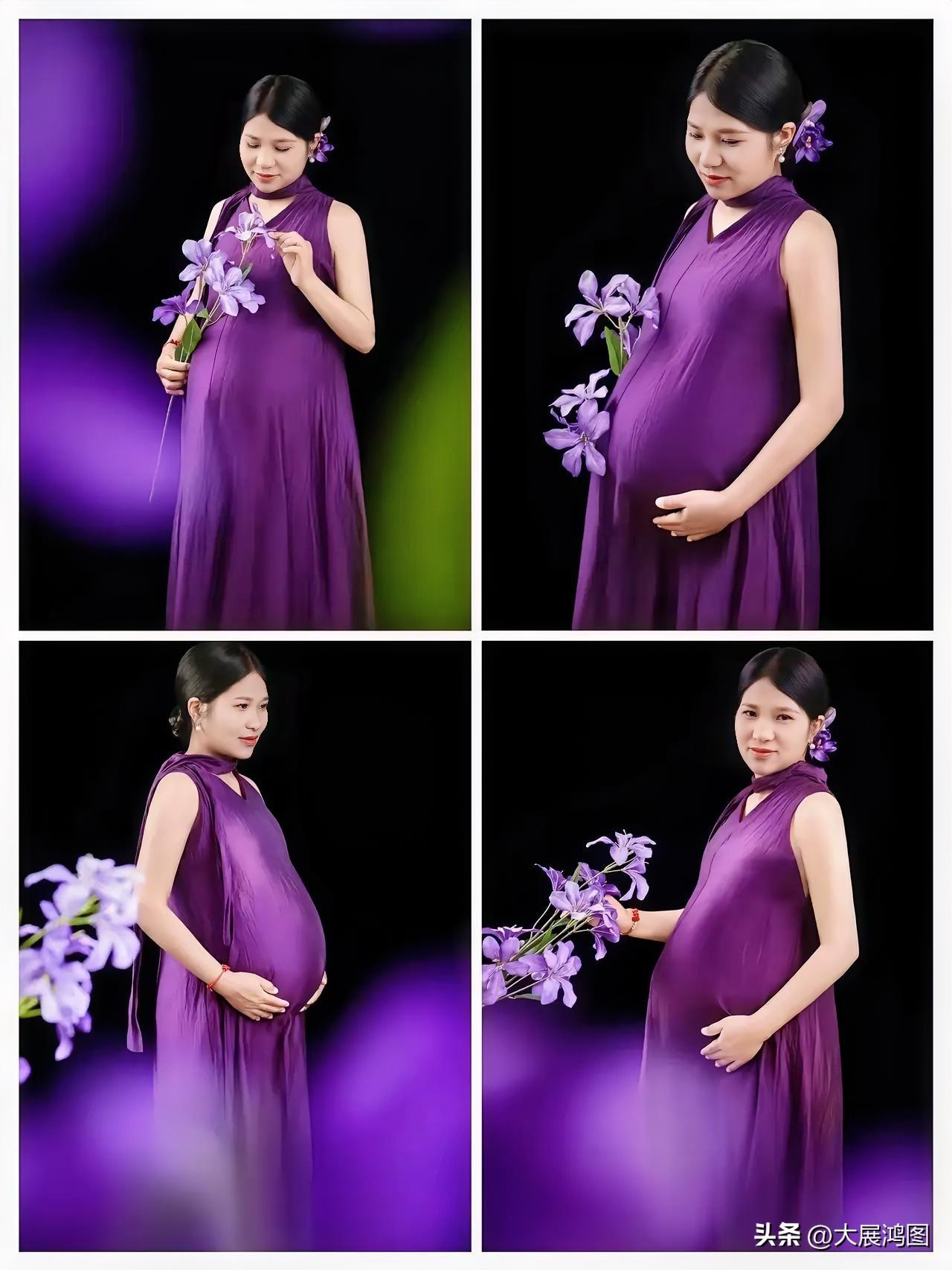身着温柔紫裙的孕妈妈，手捧花束，满是幸福！长裙孕妇照 高级气质孕妇裙 温柔系孕妇