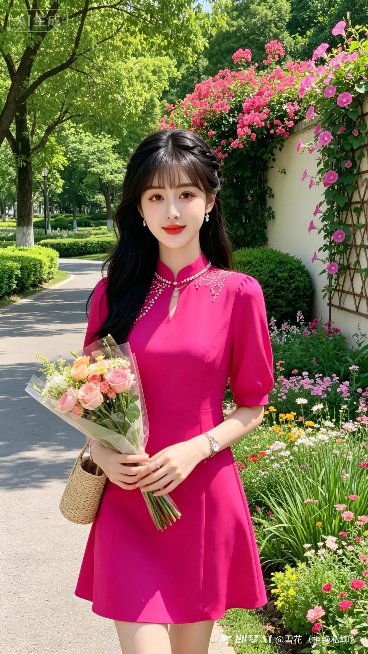 冷白皮千金少女笑容明媚，身着亮玫红镶钻立领裙，佩戴精致银饰手拎花束。盛夏浓荫公园