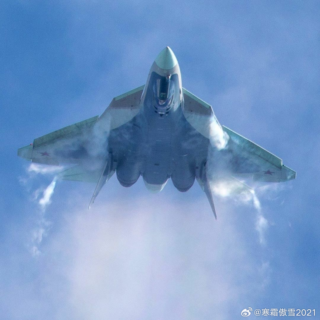 每天认识一件兵器武器装备苏57炫技落叶飘 苏57在做飞行特技动作（图1局部放大为