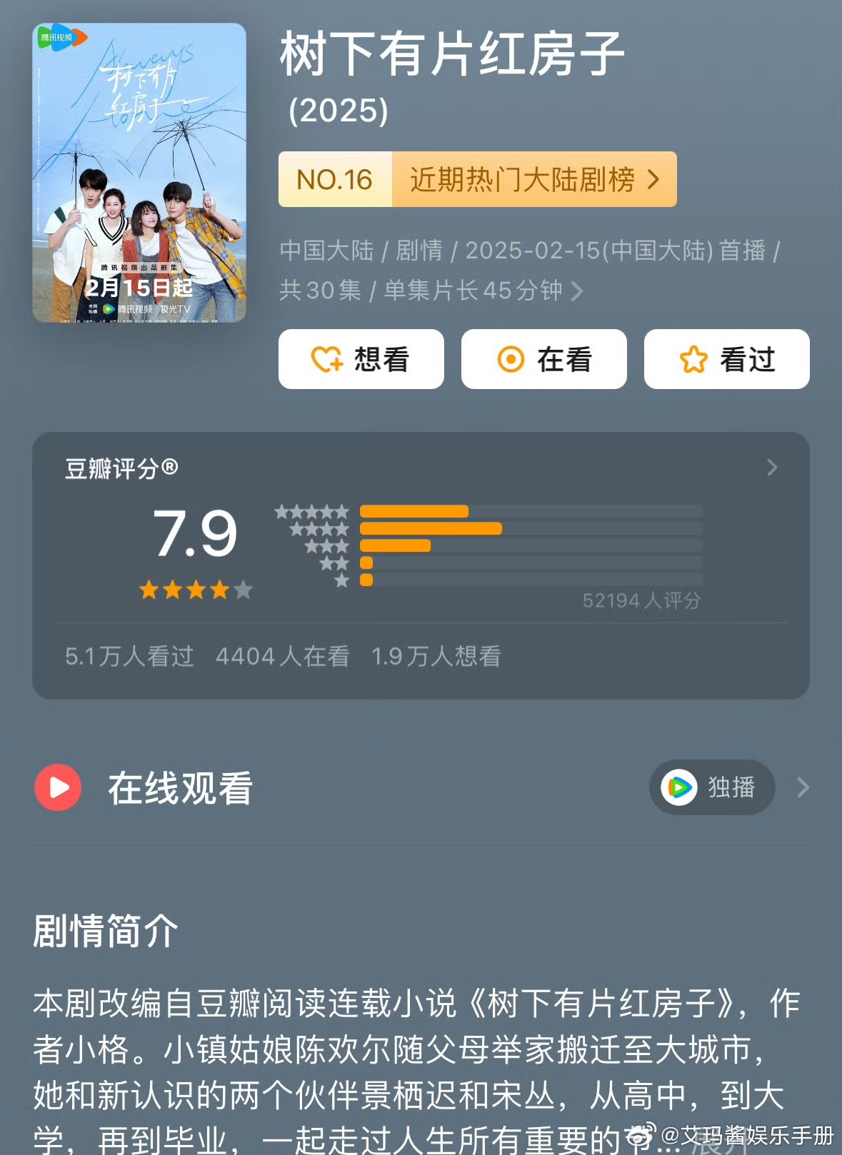 翟潇闻、周柯宇、杨肸子《树下有片红房子》开分7.9，今年现偶最高分吗？ ​​​