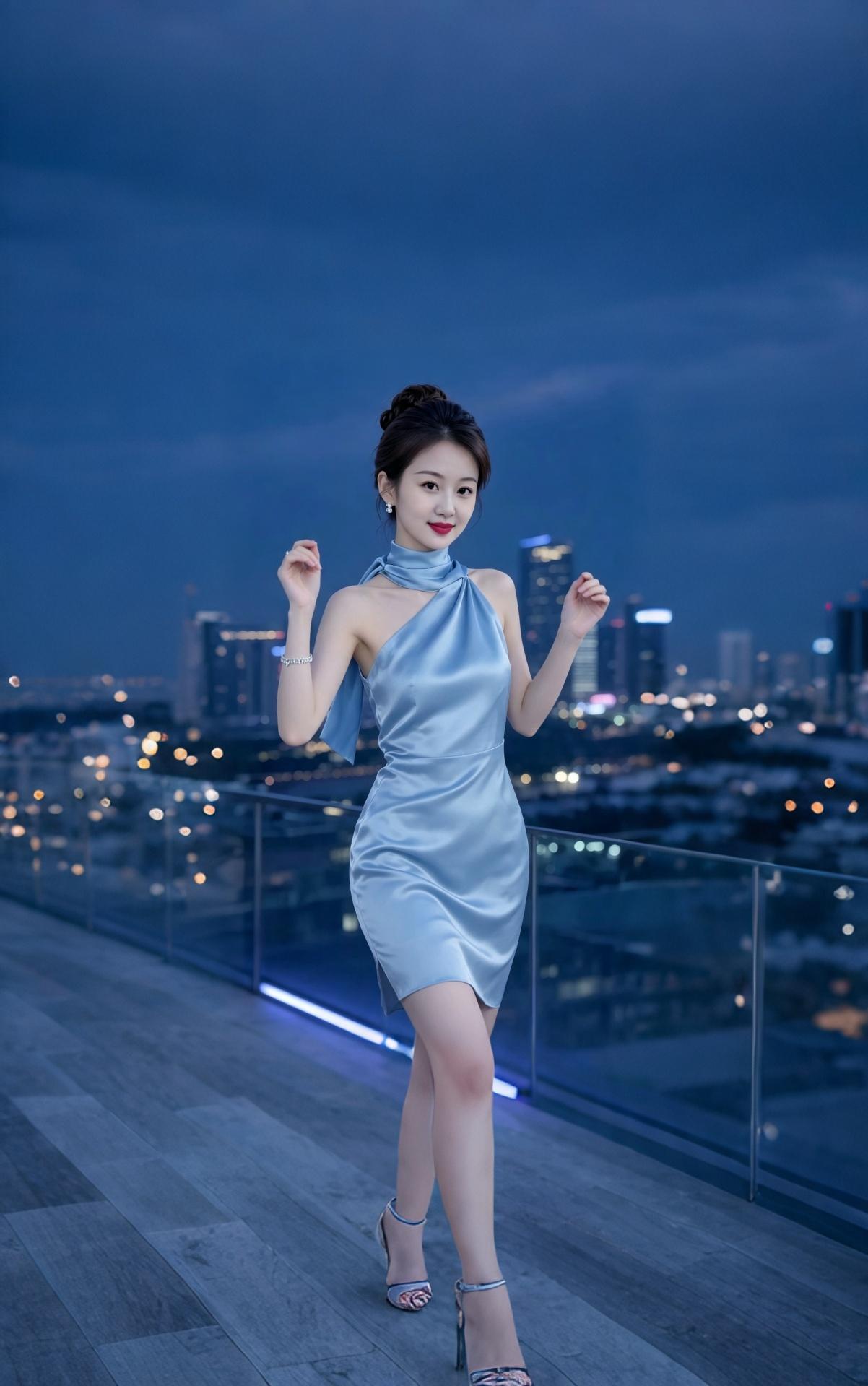 夜阑舞影
琼楼夜色浸清霄，
淡蓝罗袂映韶娇。
云鬟高挽凝幽韵，
美目微哂自窈娆。