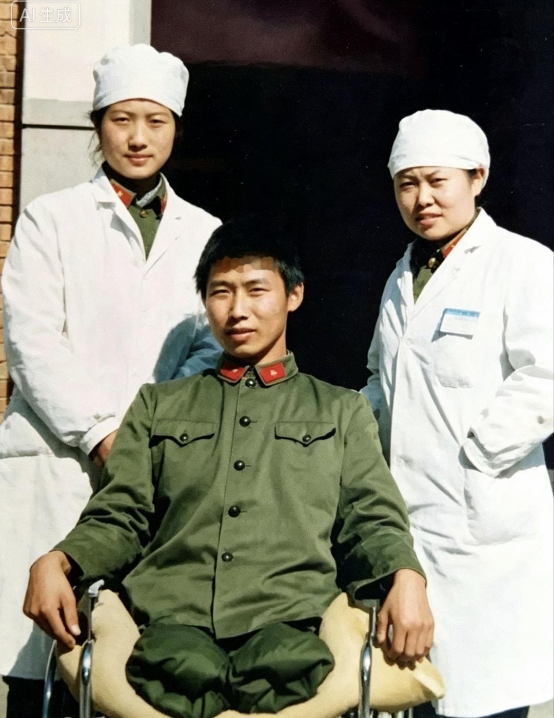 老山一等功臣刘庄，触雷失去双腿，于后方医院和救治他的医护人员合影。虽身负重伤，神