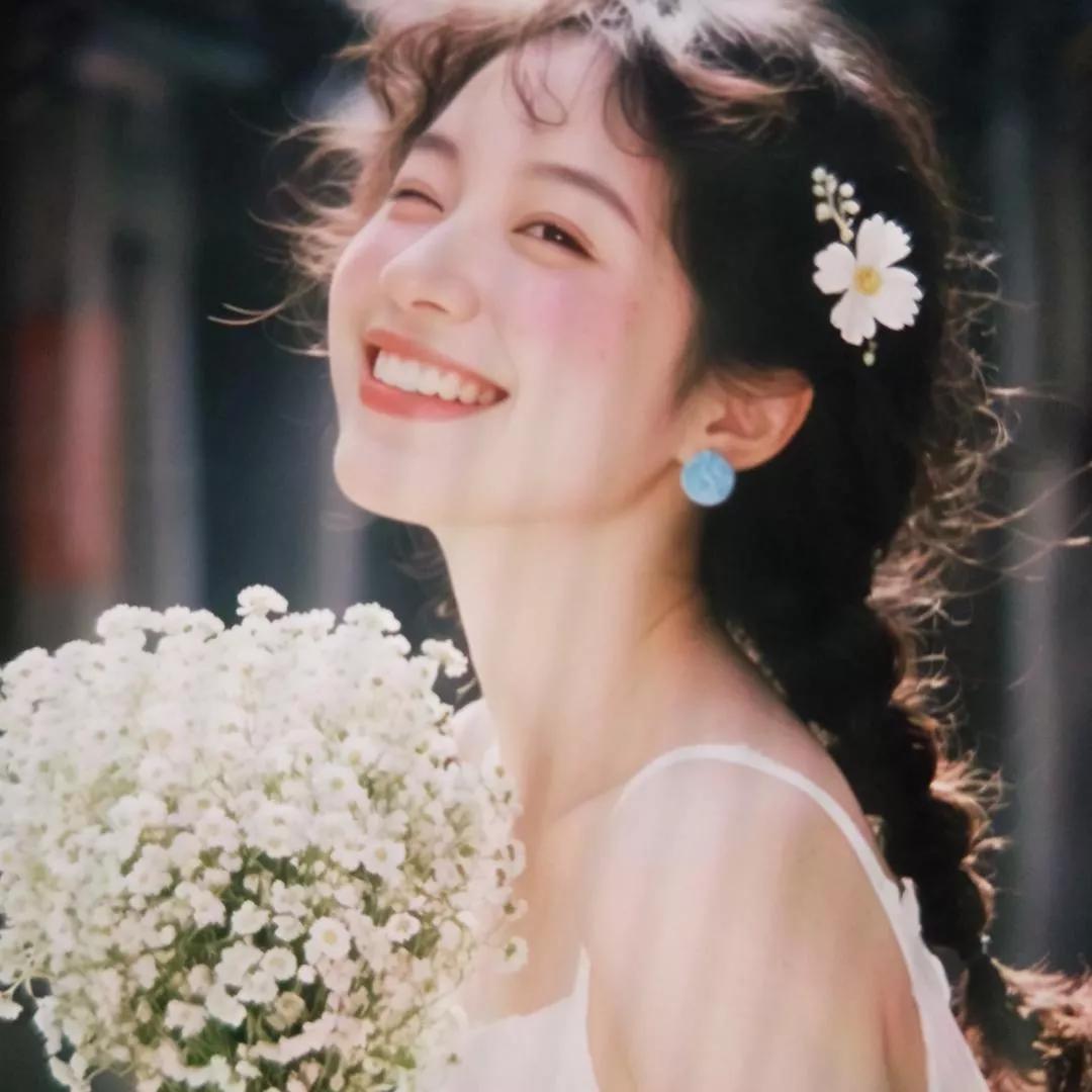 阳光明媚的午后，笑靥如花的少女手捧一束白花，洋溢着幸福的微笑。小姑娘微笑 花海少