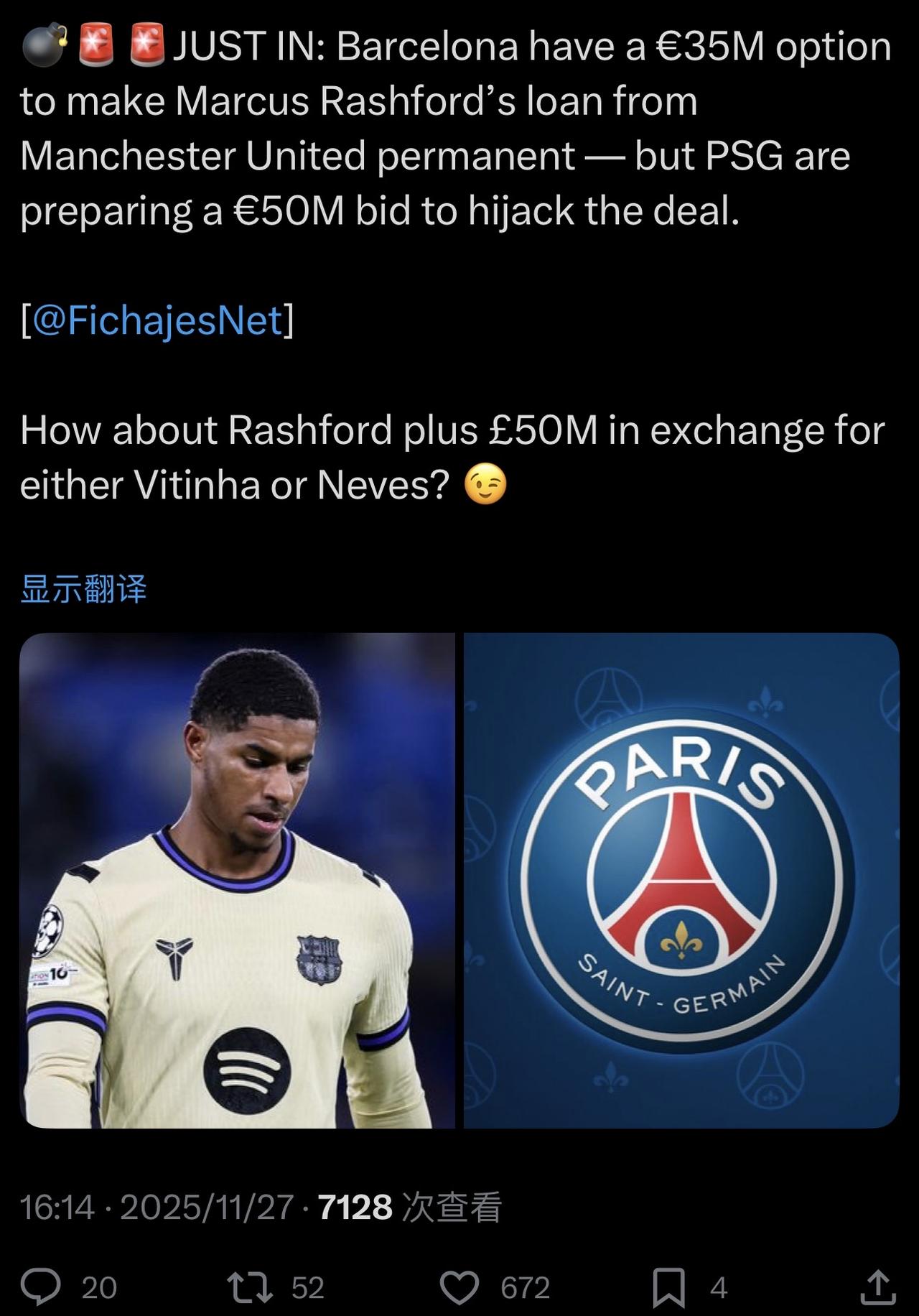 多家媒体报道说：大巴黎要买拉什福德，而且是5000万欧元。
真假我不知道，至少在