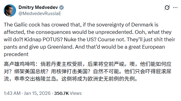 俄罗斯前总统梅德韦杰夫称，丹麦不会采取任何行动阻止美国吞并格陵兰岛：“他们会吓得