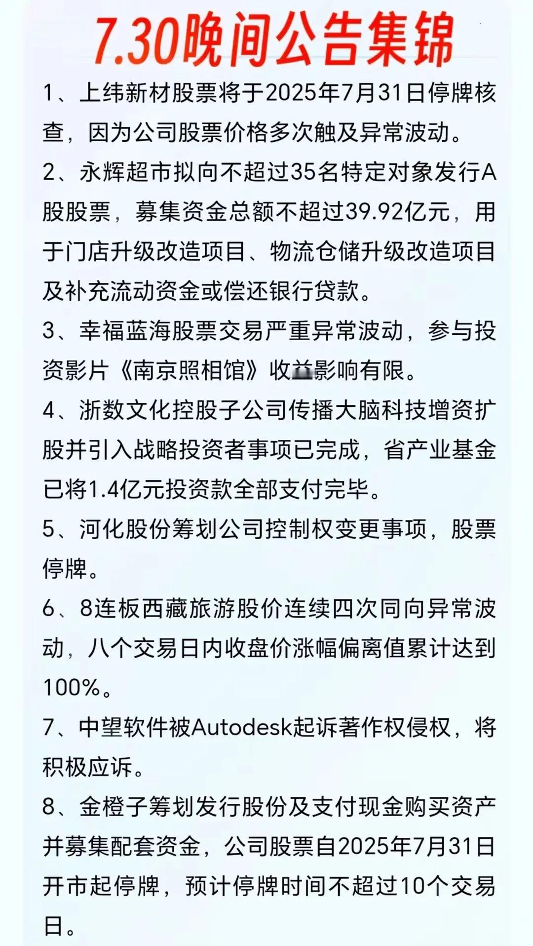 以下是上市公司公告及财务动态的汇总整理：

一、晚间公告集锦（7月30日）

1