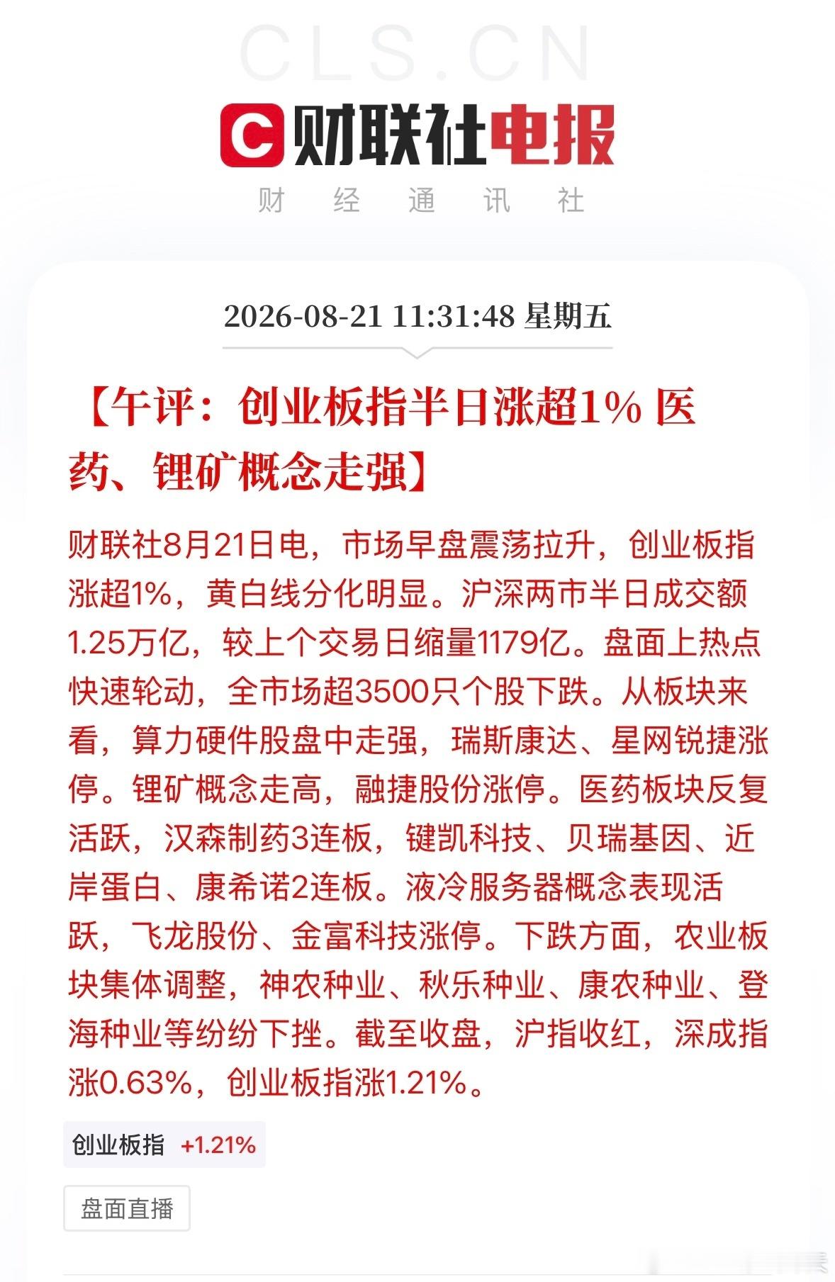 a股 截至收盘，沪指收红，深成指涨0.63%，创业板指涨1.21%。市场早盘震荡