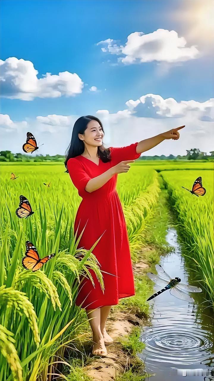 红衣少女遥指天涯，蝴蝶翩跹于水边繁花。白衣仙女之舞 红衣飘拂图 红衣花裙少女 湖