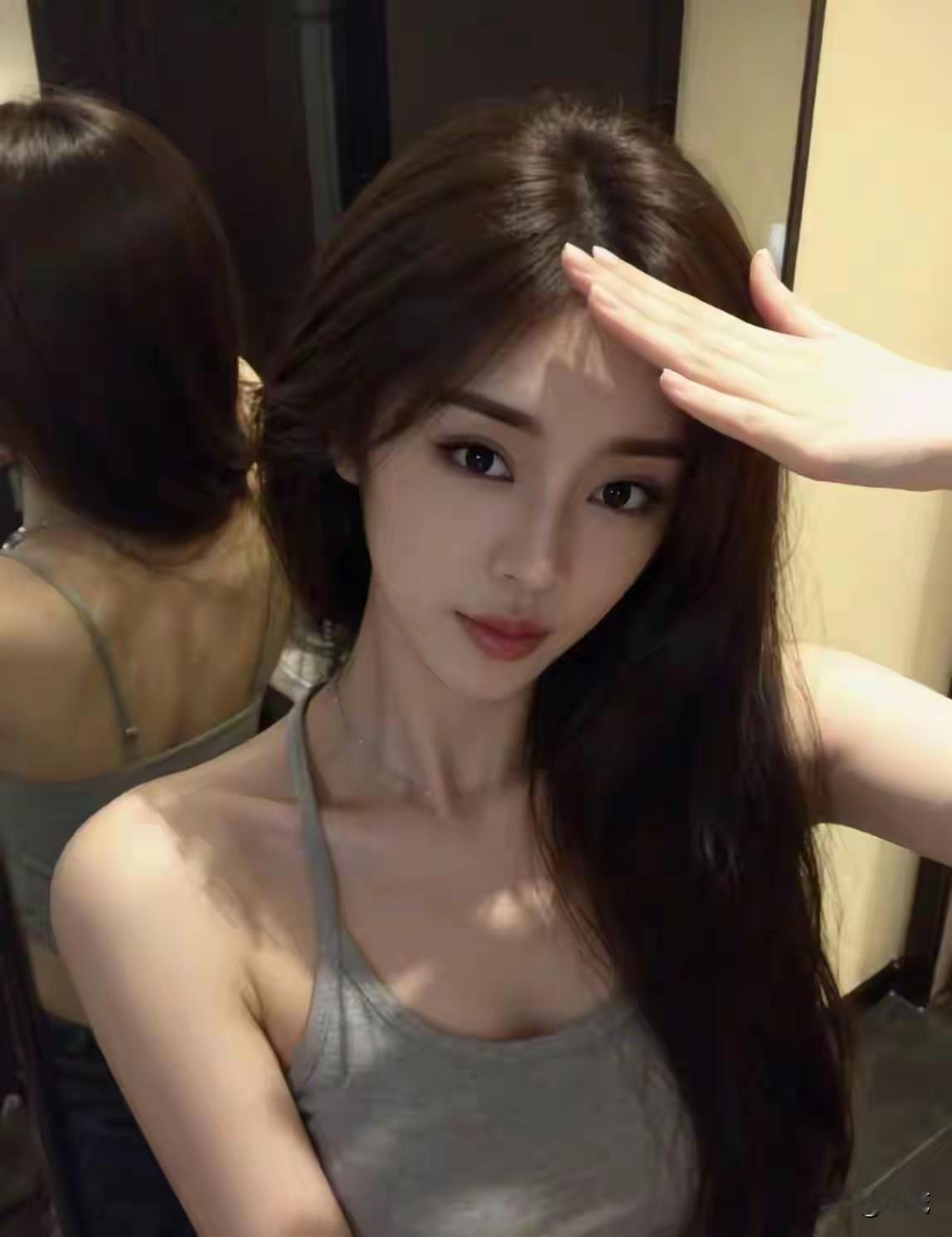 镜子前捕捉到她，长发温柔，颜值很出众。
看着清冷又安静，让人忍不住心动。
大家觉