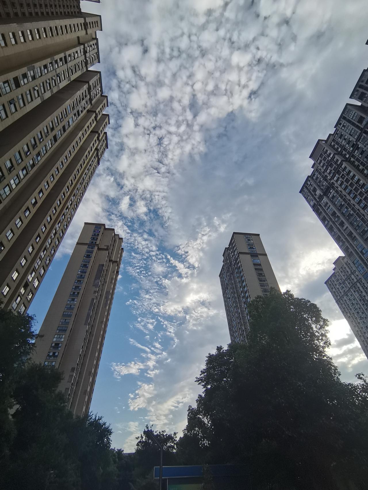 站在高楼之下，仰望着青天白云，思绪也跟着飘远。高楼拔地而起，像是人类挑战自然的宣