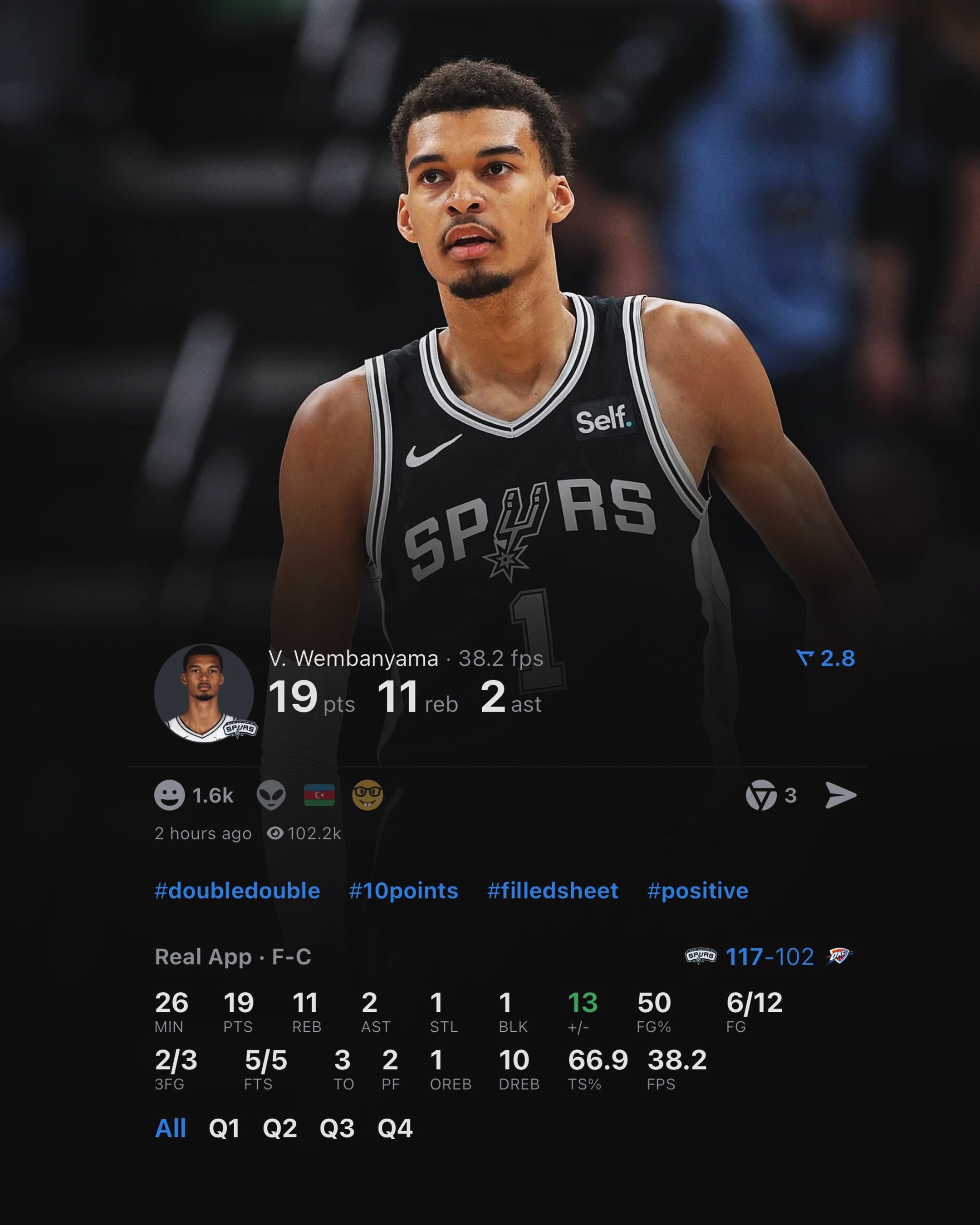 斑马今日只打了26分钟，就得到19+11+2+1+1，把切特拿捏死死的。马刺vs