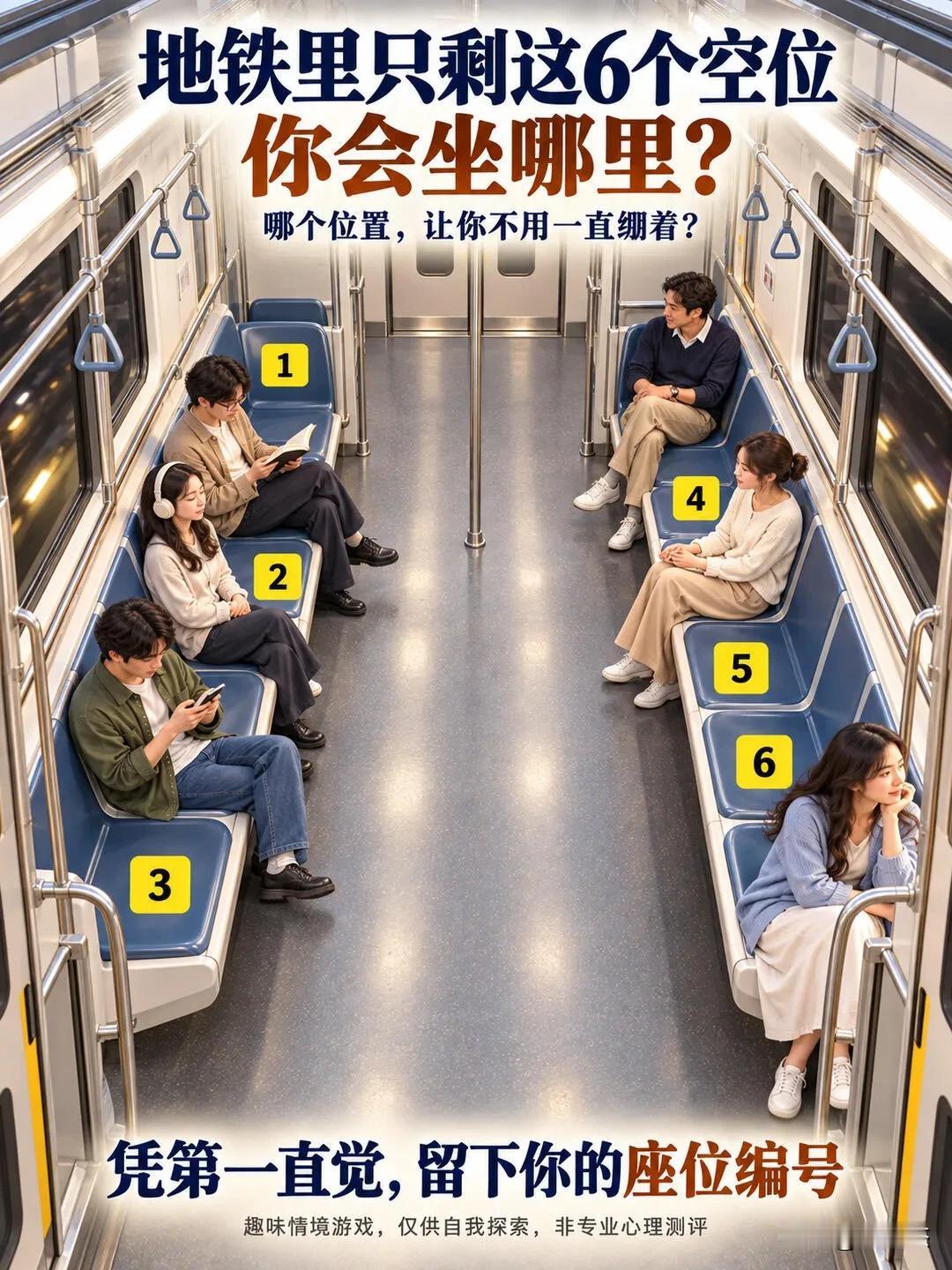 假如地铁里只剩这6个空位了，你会选择坐在哪里？还是说你选择站着？