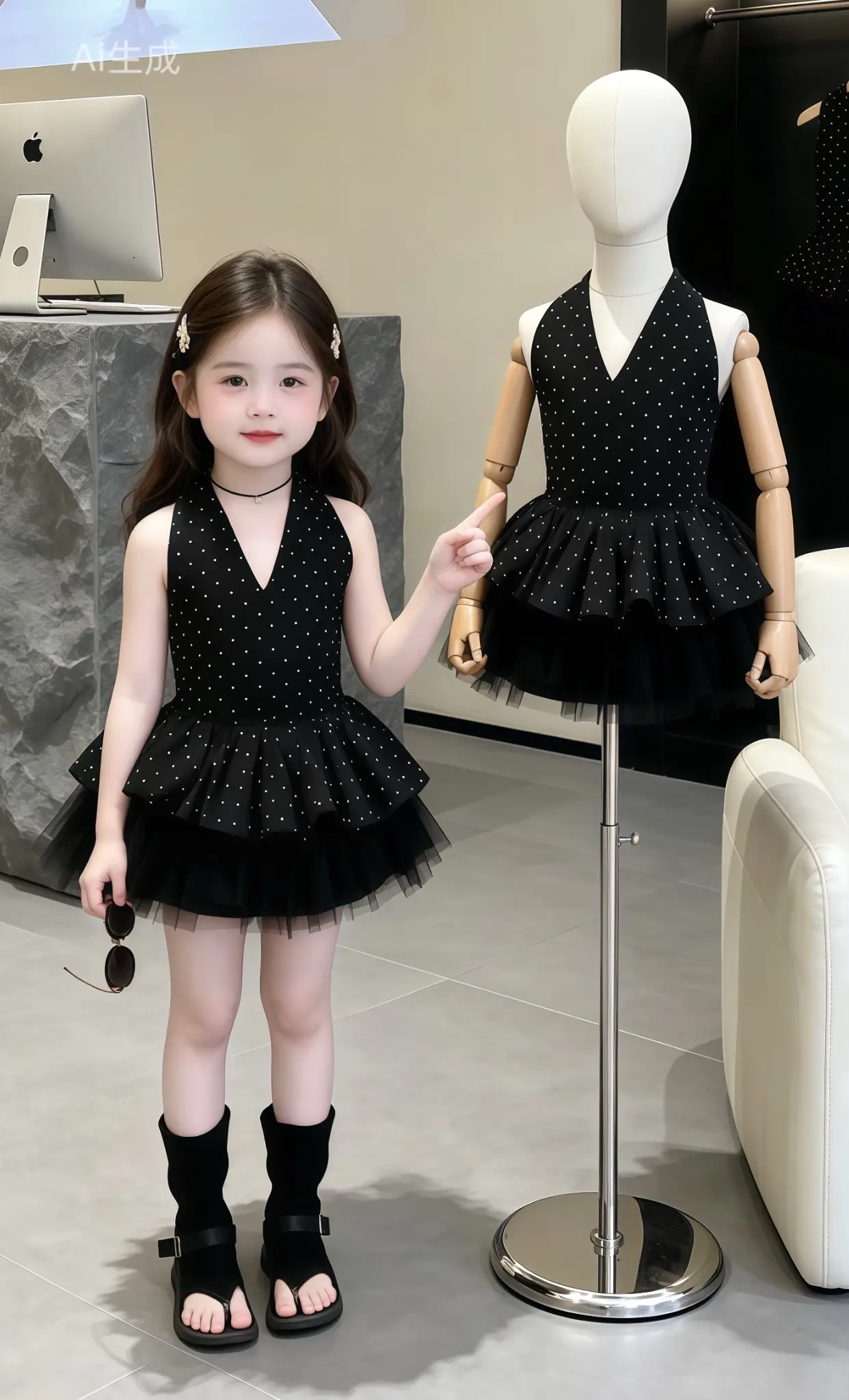 女童黑色连衣裙 女宝宝夏日穿搭 女童小黑裙 波点连衣裙女童 女童法式蓬蓬裙
