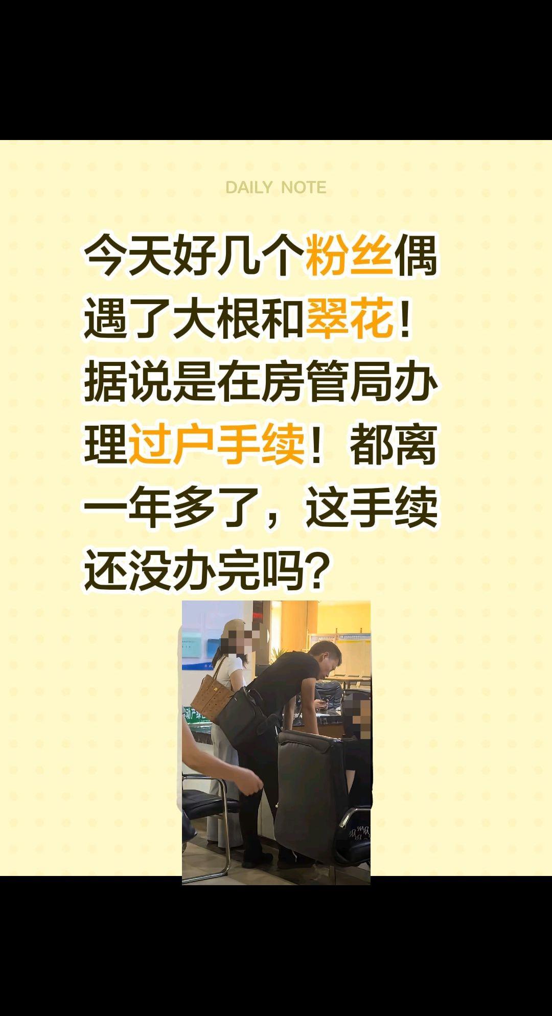 今天好几个粉丝偶遇了大根和翠花！据说是在房管局办理过户手续！
都离一年多了，这手