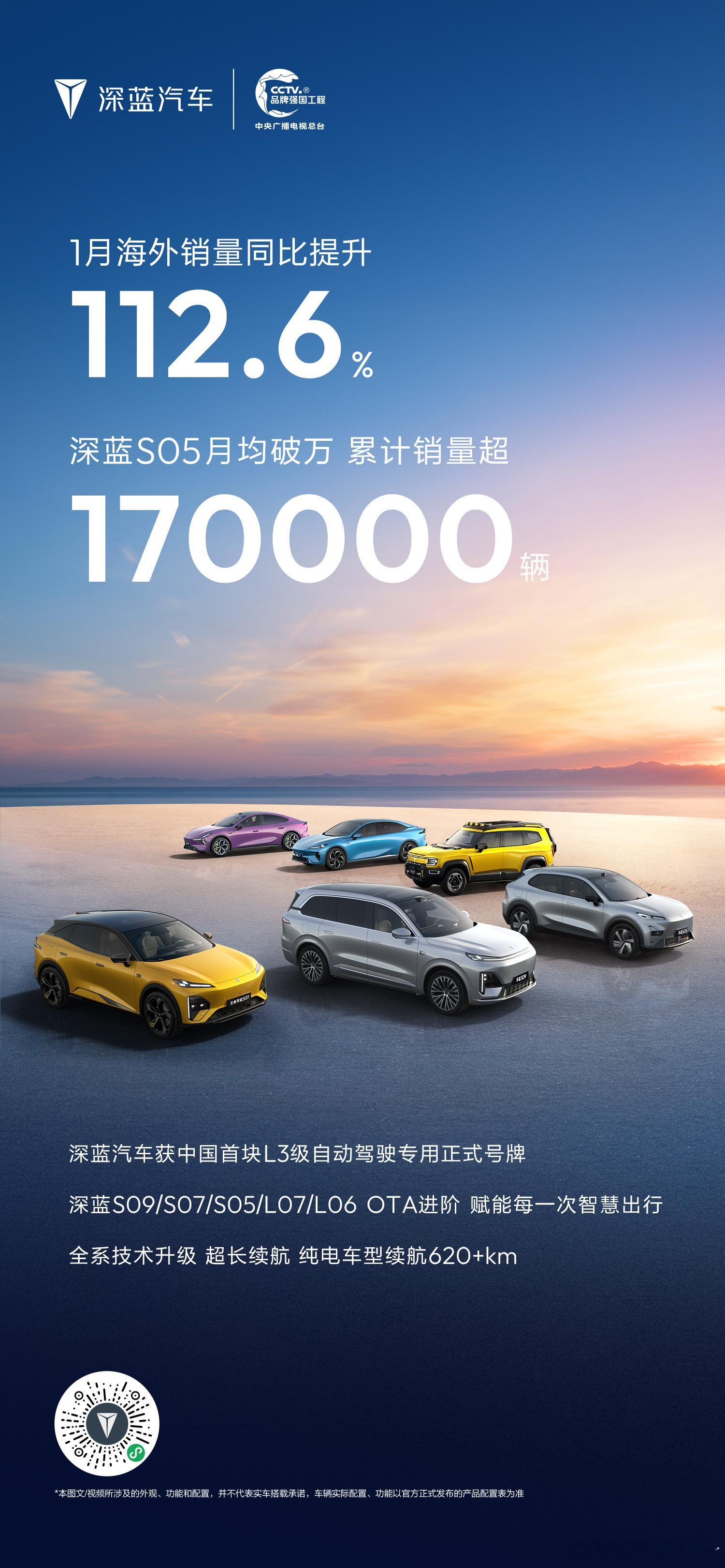 深蓝汽车1月海外销量同比提升112.6%深蓝S05销量累计超17万辆 月均破万全