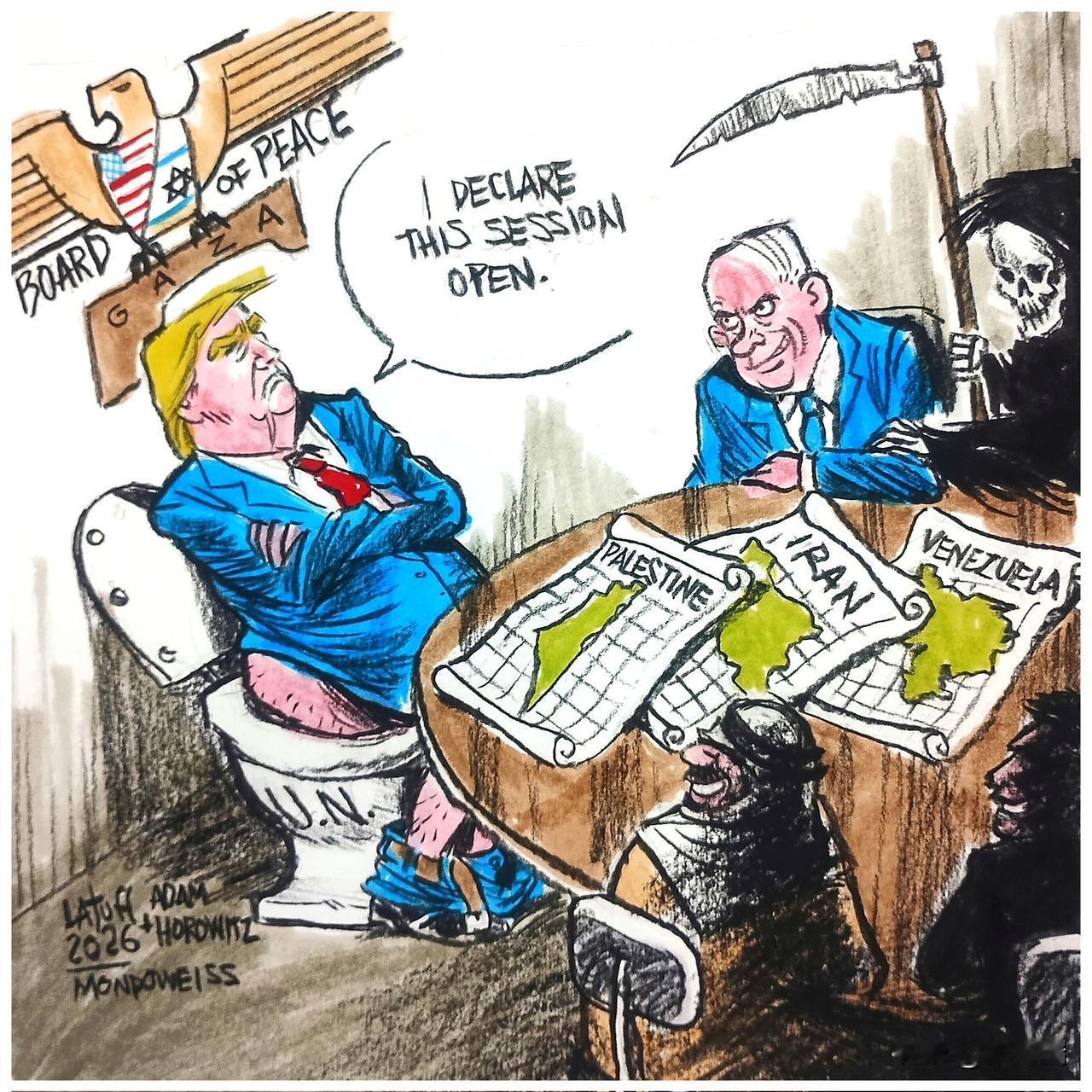 这幅政治漫画由巴西漫画家卡洛斯·拉图夫 (Carlos Latuff) 创作，讽