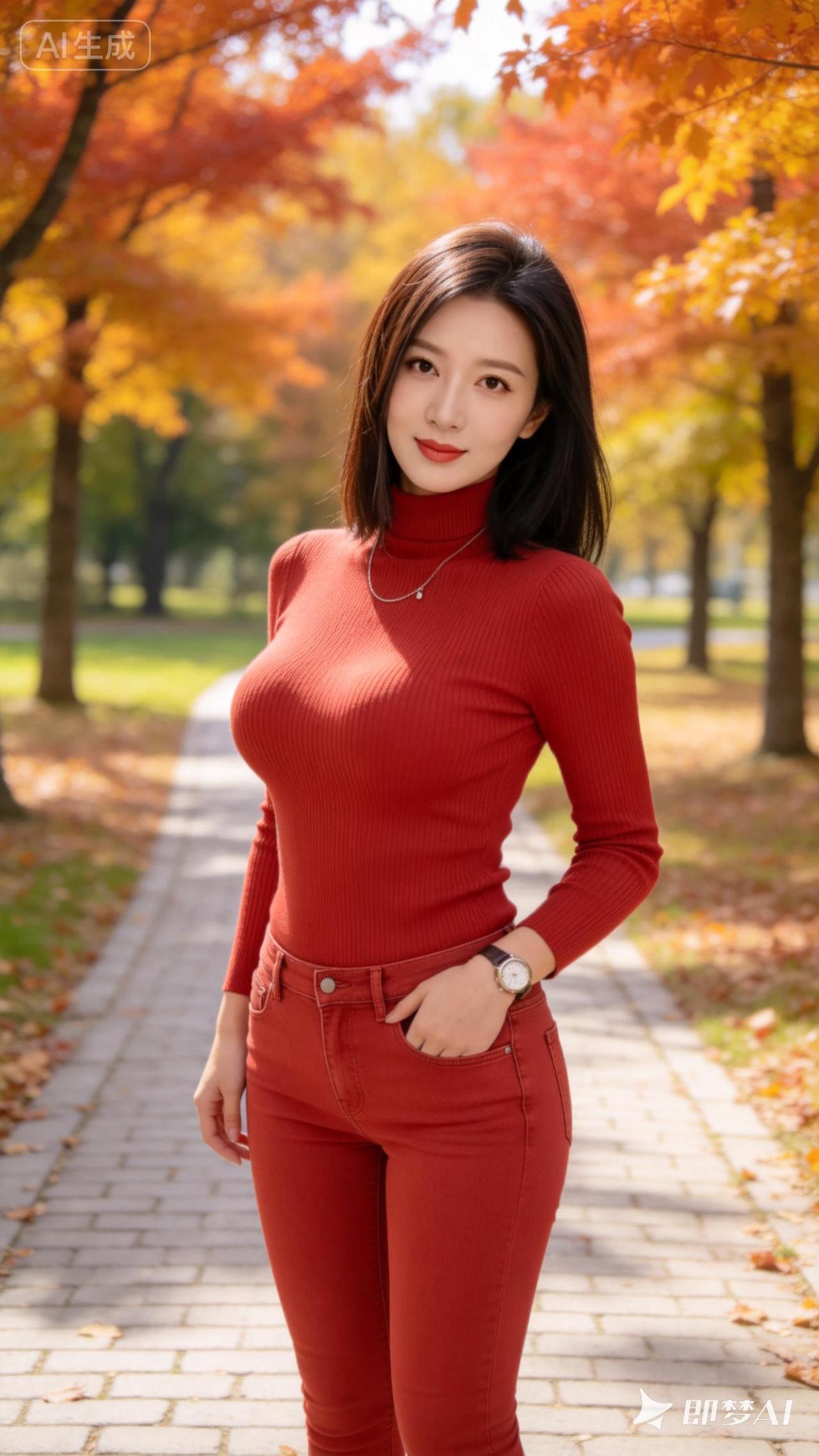 秋日穿搭指南：红衣少女漫步在落叶小径上🍂🍁