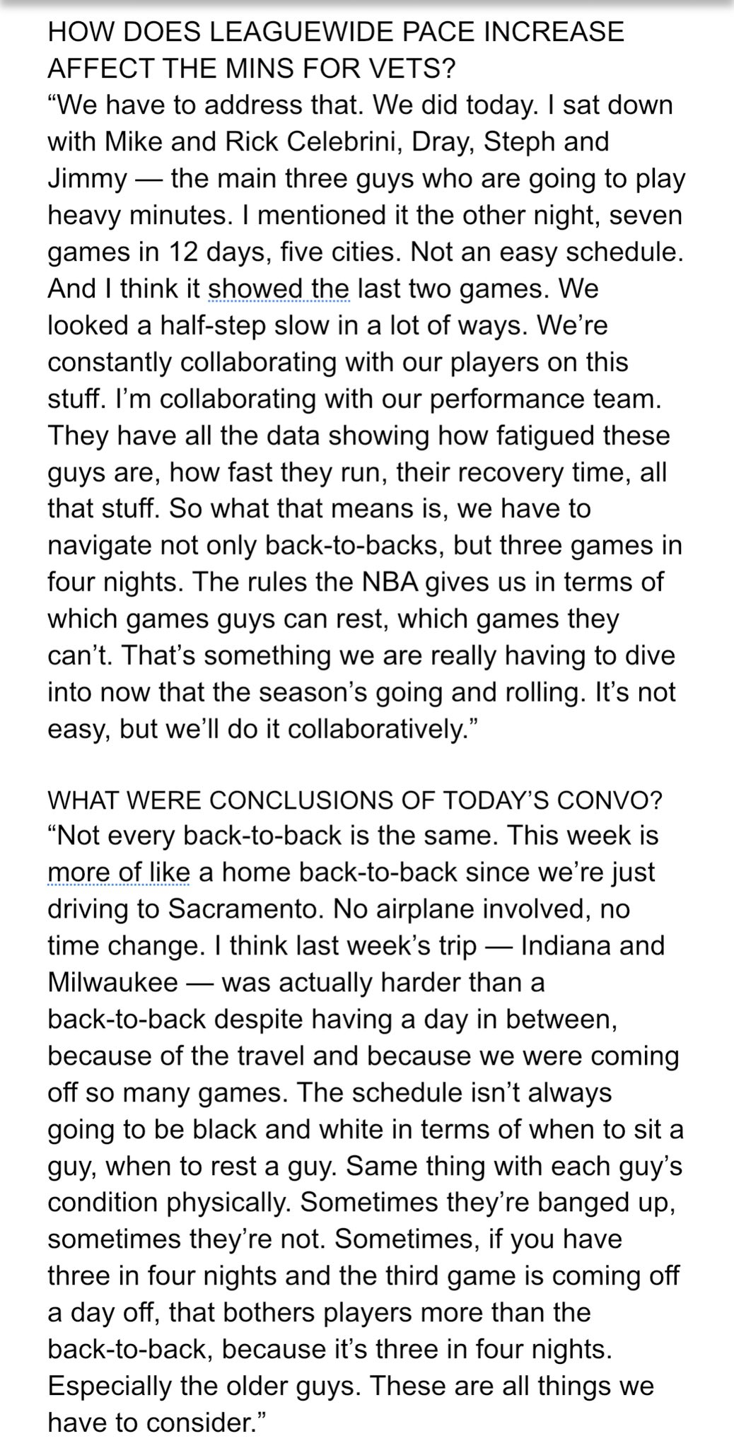 金州勇士[超话] 科尔：我们必须解决疲劳这个问题，而且今天已经着手处理了。我和邓