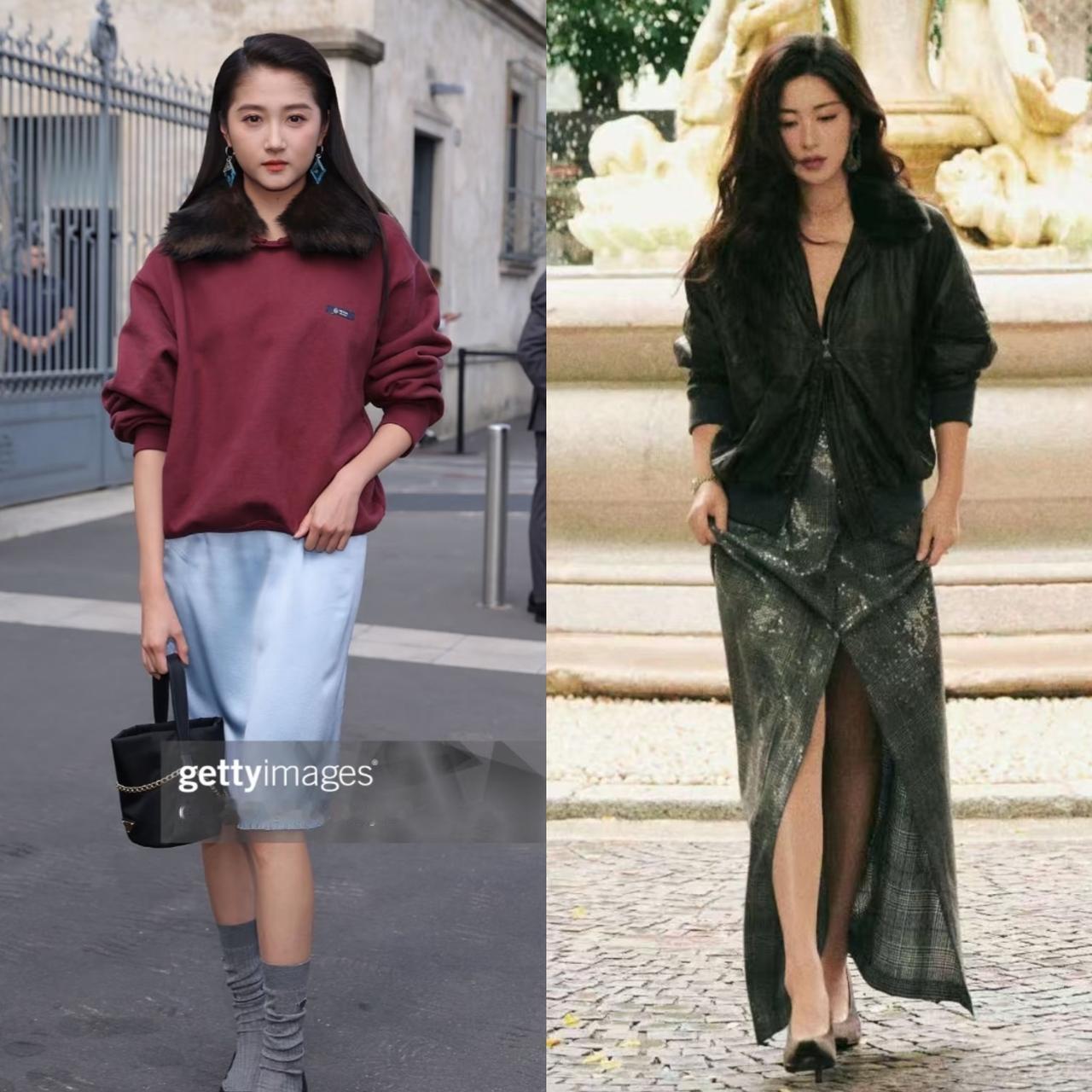 关晓彤和朱珠一起在米兰看秀，两人的对比很有意思。
关晓彤穿了一身prada，她还
